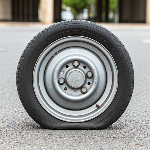 Dramatic close-up of a flat tire on Barcelona asphalt
